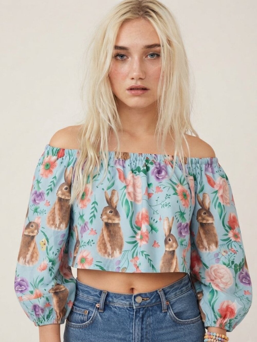 Blue Floral Bunny Off Shoulder Smocked Blouse Kawaii Coquette XS Princess Polly